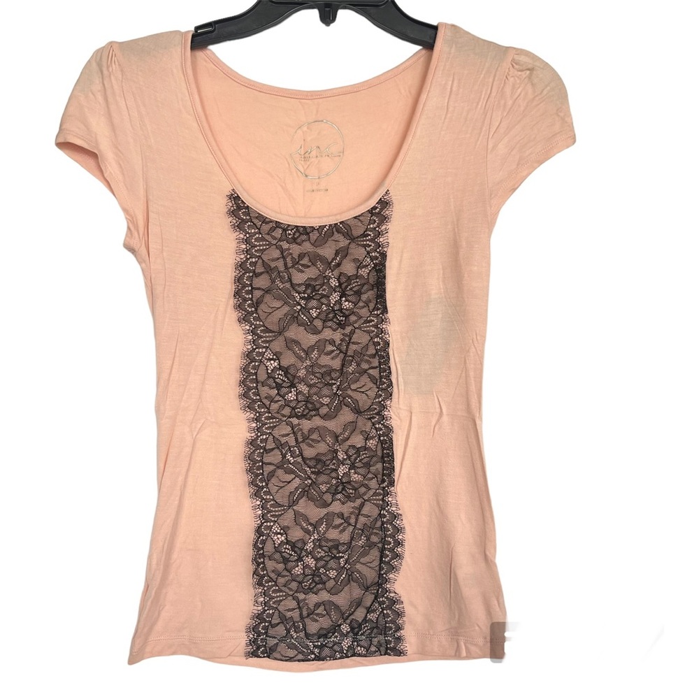 INC International Concepts Blush Pink Black Lace Trim Scoop Neck Top Petite XS